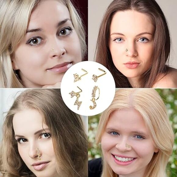 SAMOCO 20Pcs 20G L Shaped Dangle Nose Rings Stainless Steel CZ Flower Studs - Picture 4 of 5